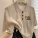 Women's Elephant Embroidery Knit Polo Shirt, Casual Half Sleeve Textured Knit Top, Soft Breathable Collared Blouse For Daily Wear Street Style Summer_ecoleips.com