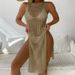 Vacation Sexy Solid Color Round Neck Sleeveless Breathable Knitted Long High Slit Dress Beach Sun Protection Blouse_ecoleips.com