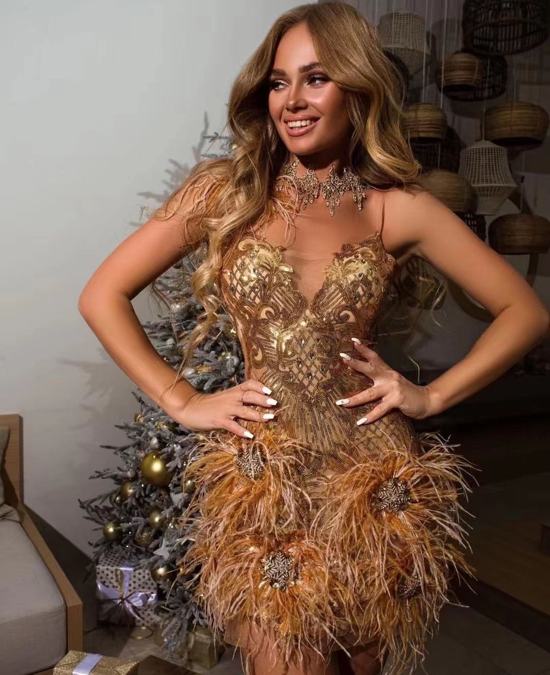 Gorgeous Sequin Embroidered Feather Strap Dress Goddess Birthday Party Stage Performance Evening Gown_ecoleips.com