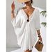 European And American Style Solid Color Beach Cover Up Women's Vacation Sun Protection With Circular V Neck Batwing Sleeves_ecoleips.com