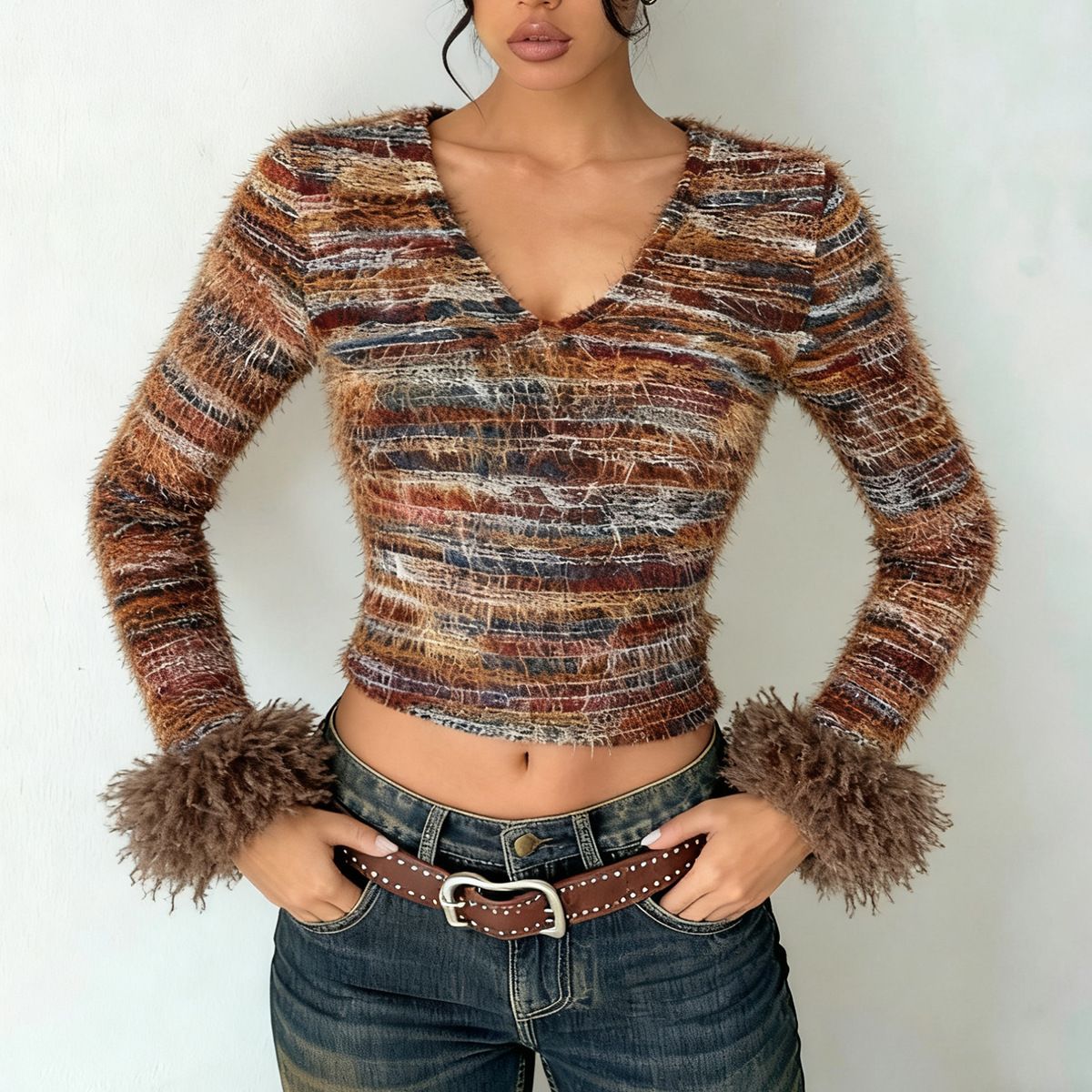 Women's Slim Fit Cropped V-Neck Yarn-Dyed T-Shirt – European & American Style Casual Top (S/M/L, Polychrome)_ecoleips.com