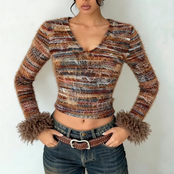 Women's Slim Fit Cropped V-Neck Yarn-Dyed T-Shirt – European & American Style Casual Top (S/M/L, Polychrome)_ecoleips.com