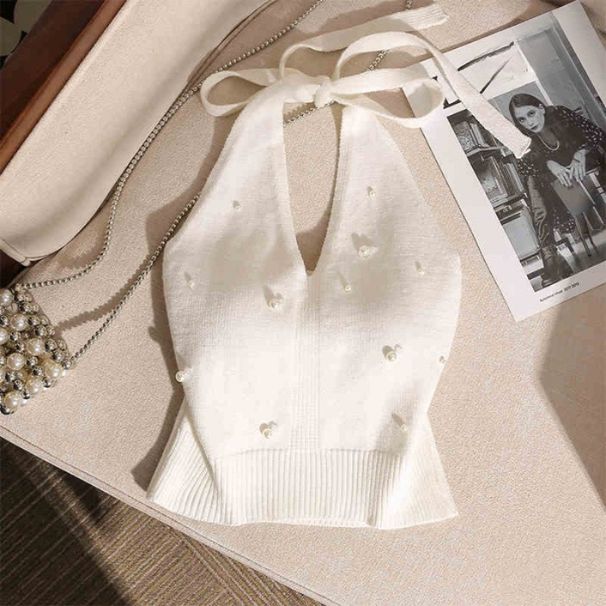 K Spicy Girl Slim Fit Nail Bead Hanging Neck Tank Top, Women's Backless Personalized Strap Design, Sleeveless Pure Desire Base Top_ecoleips.com
