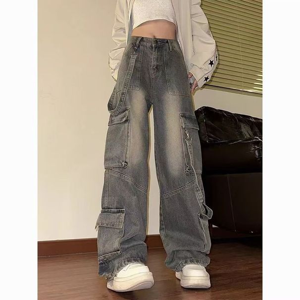 Retro Small Many Pockets Cargo Jeans Women's High Street Design Sense Loose Wide-leg Floor-length Pants Trend_ecoleips.com