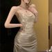 Elegant Shiny Halter Neck Ruched Mini Dress Women's Vintage Style Bodycon Skirt Short Skirt New Summer Fashion_ecoleips.com