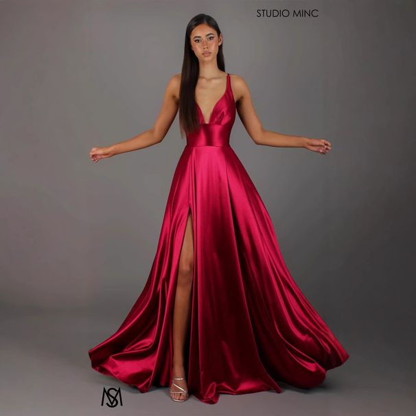 Sexy V-Neck Satin Slip Dress – Elegant Evening Gown With High Waist & Side Slit (S-XL, Polyester, Deep V-Cut, A-Line, Party & Cocktail Dress)_ecoleips.com