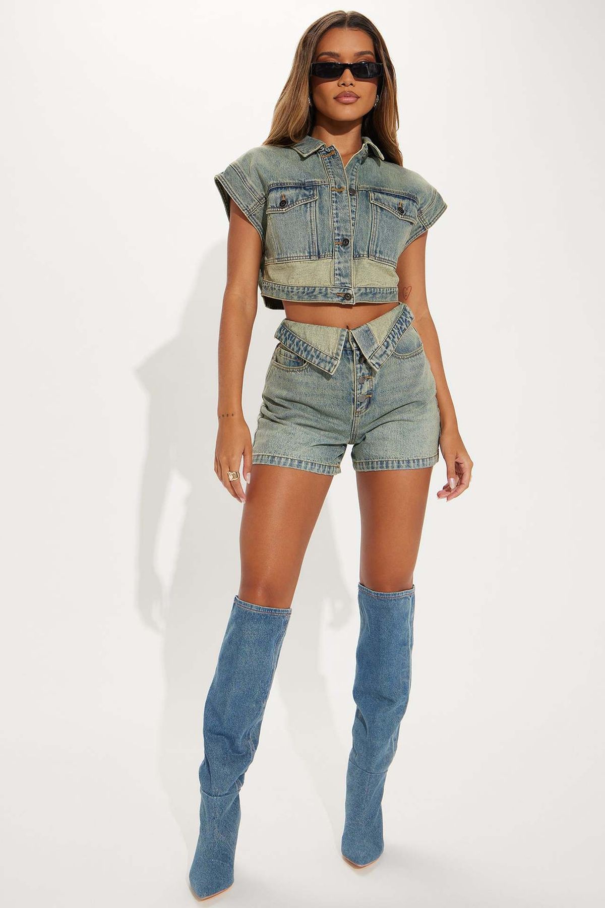 Women's Stretch Denim Two-Piece Set - Fashion Matching Outfit, Casual Leisure Suit_ecoleips.com