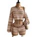 Women's Striped Asymmetrical Off-Shoulder Top And Shorts Set Long Sleeve European American Style_ecoleips.com