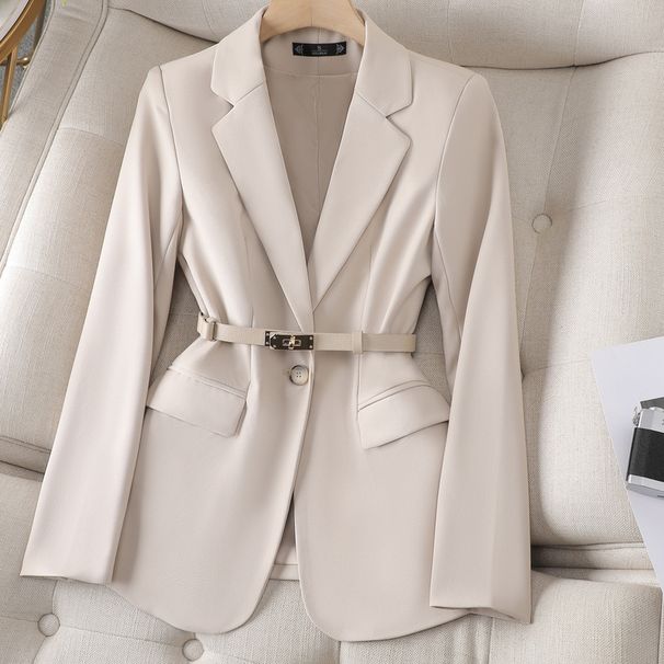Women's Clothing Elegant Blazer Slim Fit Professional & Casual Jacket With Belt, Stretch Polyester Blend, Versatile Office To Weekend Wear_ecoleips.com