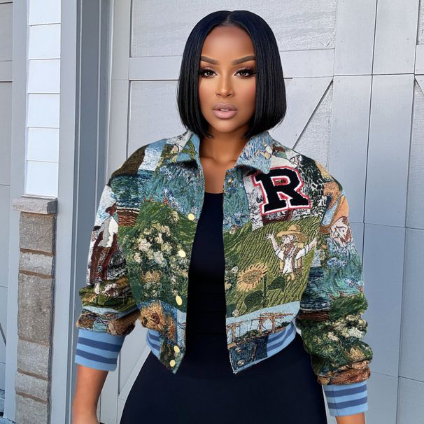 Women's Clothing Retro Print Baseball Jacket Autumn/Winter Loose Fit Vintage Print Baseball Jacket – Oversized Short Coat With Floral Embroidery_ecoleips.com