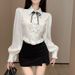 French-style White Bow Ruched Skirt Set, Summer Ladylike Ruffle Waist-cinching Blouse_ecoleips.com