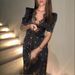 High-end New Temperament Women's Clothing Satin Lace Splicing V-neck Hollow Fashion Polka Dot Printing Medium-sleeved Dress_ecoleips.com