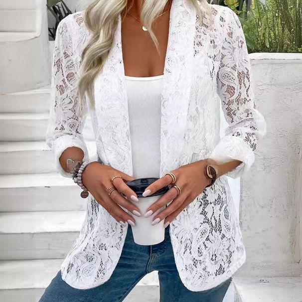Women's Clothing Solid Color Lace Shirt Jacket Spring Summer Fashion Elegant England Style Regular Fit Blouse_ecoleips.com