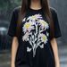 Literary Style Women's T-Shirt Daisy Butterfly Beaded Design Black Crew Neck Short Sleeve Loose Fit Top_ecoleips.com