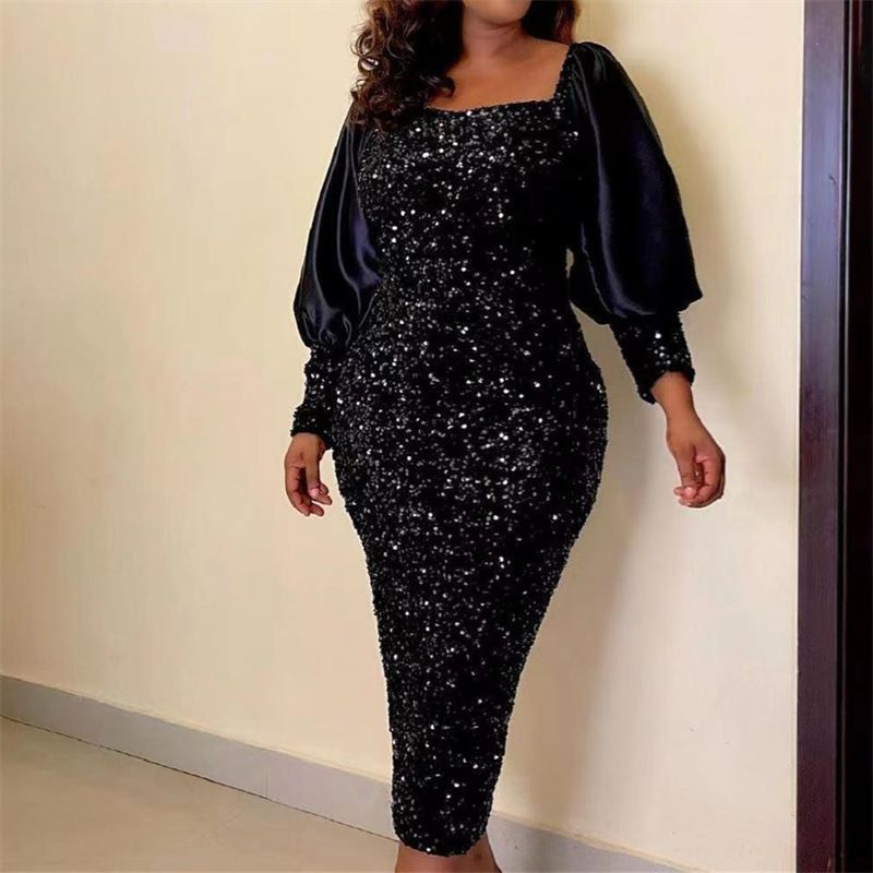 Women's Sequined Puff Sleeve Hip Skirt Large Size Slim Sexy Bridesmaid Dress Dress_ecoleips.com