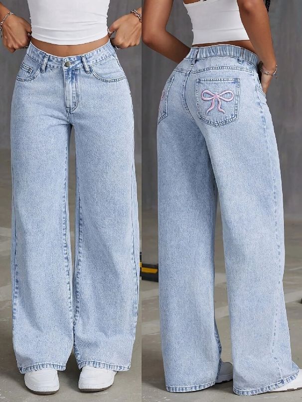 Cross-border Bestseller Bow-embroidered Jeans For Girls, Sweet And Spicy Style, High-waisted Straight-leg Loose_ecoleips.com