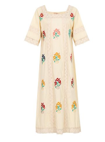 Bohemian Floral Embroidered Square-neck Lace Crochet Hollow-out European And American Long Dress_ecoleips.com