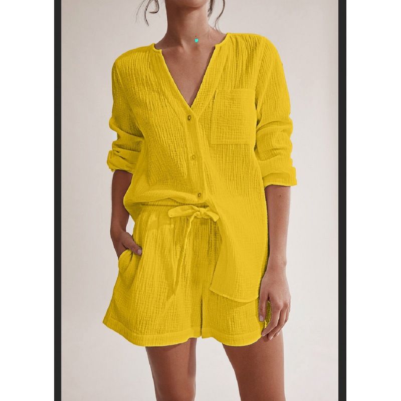 Women's Clothing Summer Long Sleeve Shorts Pajamas Double Layer Gauze Cotton Fashion Home Clothes Set_ecoleips.com