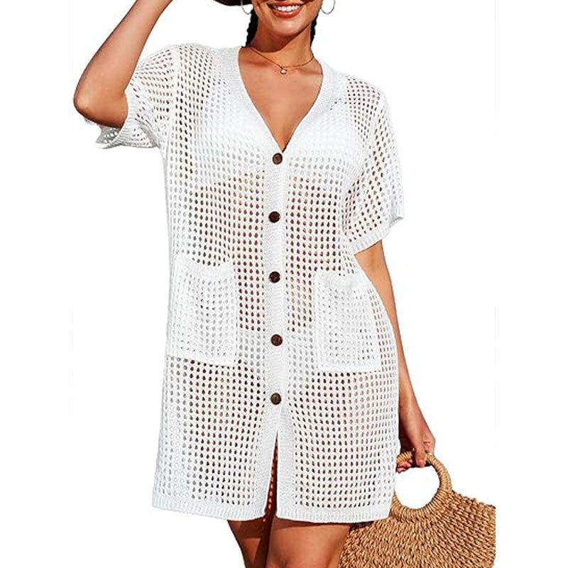 Women's Beach Cover Up Lace Knit Short Sleeve Cardigan - Lightweight Sun Protection Swimwear Wrap For Vacation, Pool, Summer Outings_ecoleips.com