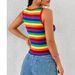 Women's Clothing Dopamine Outerwear Small Camisole Rainbow Stripe Printed Vest Sleeveless Candy Color Short_ecoleips.com