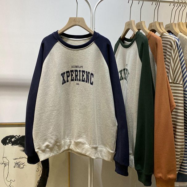 Real Shot Of Foreign Trade Women's Sweatshirt With Chinese Cotton Composite, Color-blocked Round Neck, Loose Fit, Plus_ecoleips.com