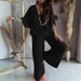 Women's Clothing Hot Sale V Neck Bat Sleeve Top Lace Up Casual Pants Two Piece Set_ecoleips.com