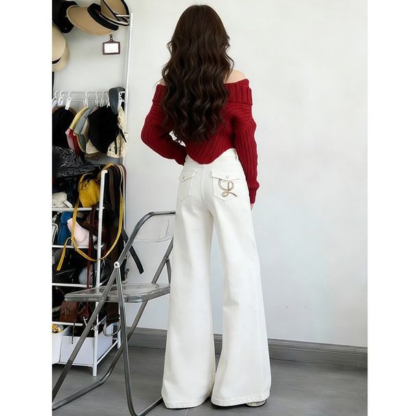 Women's High-Rise White Embroidered Flared Jeans – Vintage 70s Bell Bottom With Boho Stitching & Non-Skinny Fit For Spring_ecoleips.com