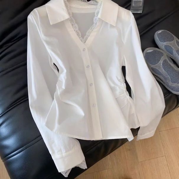 Elegant plus Size White Lace Trimmed Shirt French Style Chic V Neck Long Sleeve Fitted Waist Blouse for Women_ecoleips.com
