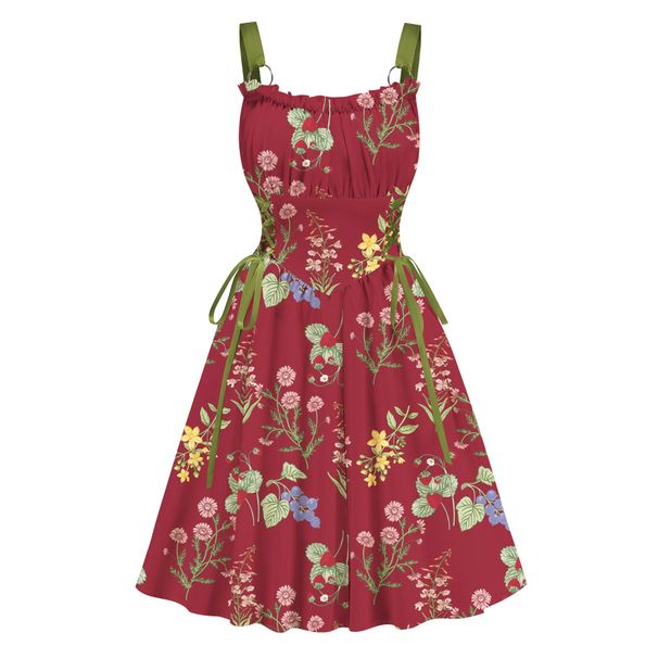 Elegant Floral Print Maxi Dress With Metal Ring Drawstring For Vacation & Boho Style Comfortable & Breathable Fabric_ecoleips.com