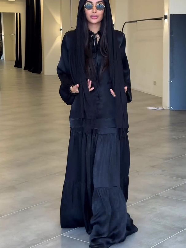 Women's Clothing New Fashion Suit Mercerized Neckline Tie Long Sleeve Pullover Big Swing Cake Skirt_ecoleips.com