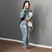 Women's Floral Print Cropped Denim Jacket Set, Long Sleeve Button Down Crop Coat & High Waist Jeans 2 Piece Outfit, Casual Streetwear Daily Wear Match_ecoleips.com