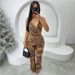 New Leopard Print Slim Sexy Hot Girl Lace Up Halter Neck Backless Top Trousers Suit_ecoleips.com