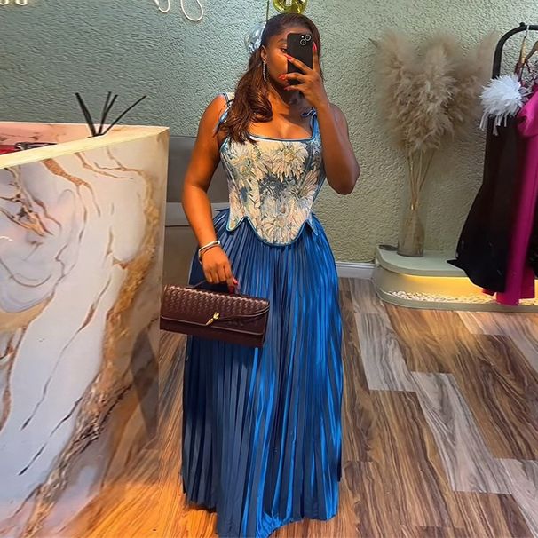 Women's Clothing Summer New Sweet And Fresh Printed Waist Vest High Waist Half Length Pleated Skirt Two Piece Set_ecoleips.com