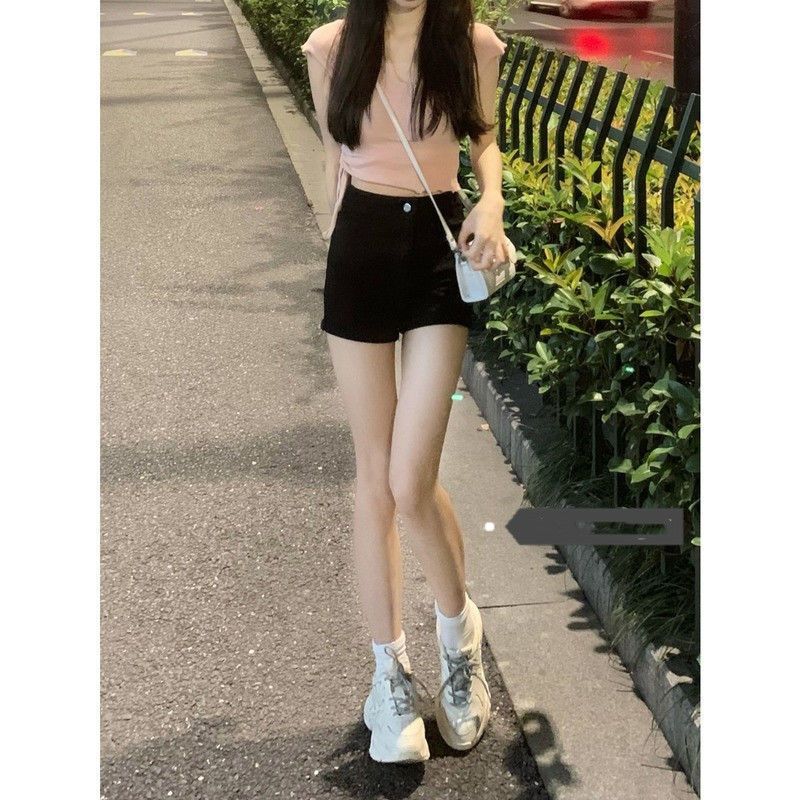 2025s Black Skinny Stretch Denim Shorts For Women, Summer Thin Korean Style, High Waist, Slimming, Height Enhancing, Girl_ecoleips.com