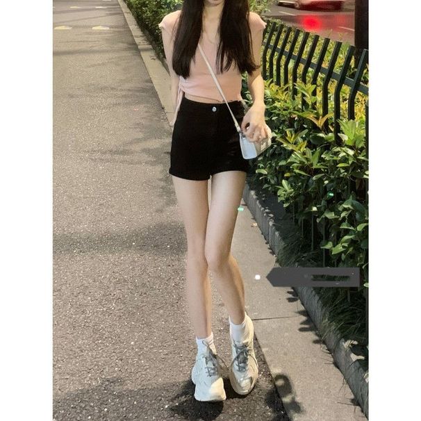 2025s Black Skinny Stretch Denim Shorts For Women, Summer Thin Korean Style, High Waist, Slimming, Height Enhancing, Girl_ecoleips.com