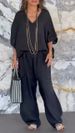 Women's Clothing Casual V Neck Loose Pocket Mid Sleeve Cotton Linen Suit_ecoleips.com