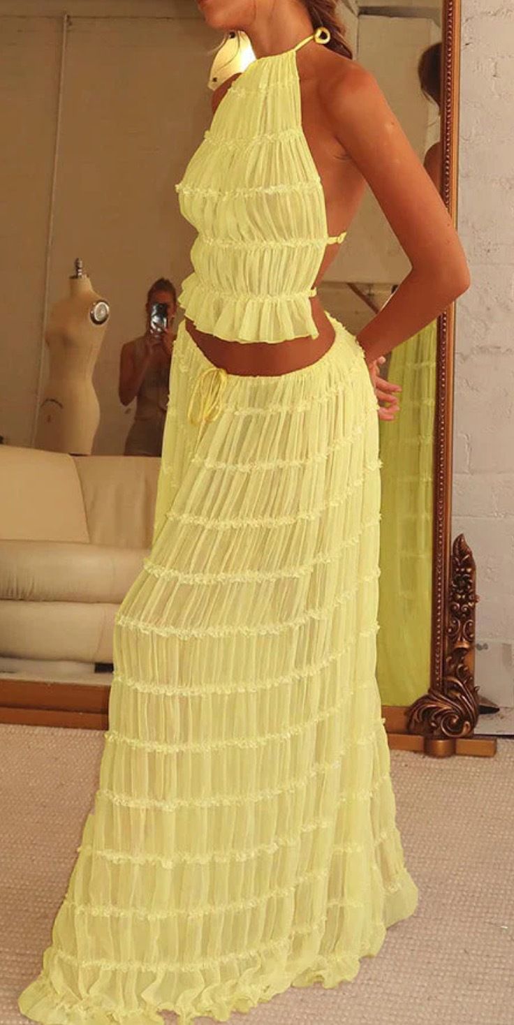 Women's Clothing Sexy Backless Halter Neck Strap Pleated Lace Vest Long Skirt Set_ecoleips.com