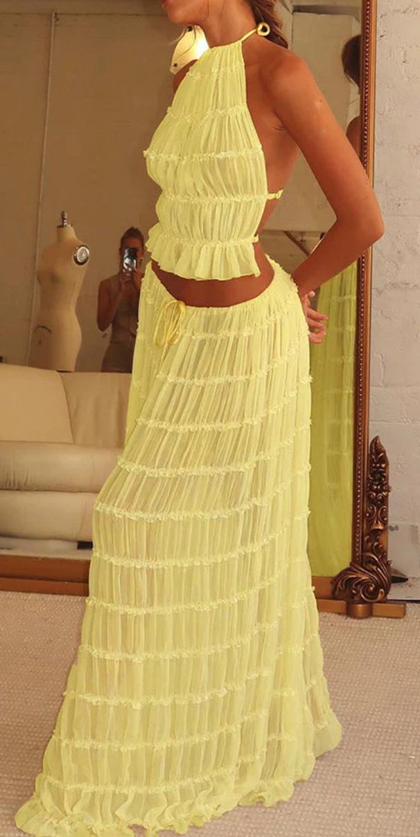 Women's Clothing Sexy Backless Halter Neck Strap Pleated Lace Vest Long Skirt Set_ecoleips.com