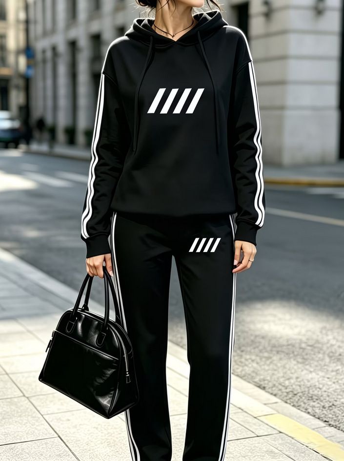 Women's Minimalist Style Hooded Sweatshirt And Trousers Set Spring Autumn Side Stripe Design 2043 Print Cross Border Fashion_ecoleips.com