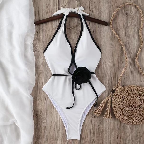 Women's Clothing Solid Color Halter Neck Three Dimensional Flower Swimsuit Waist Slimming Beach Bikini_ecoleips.com