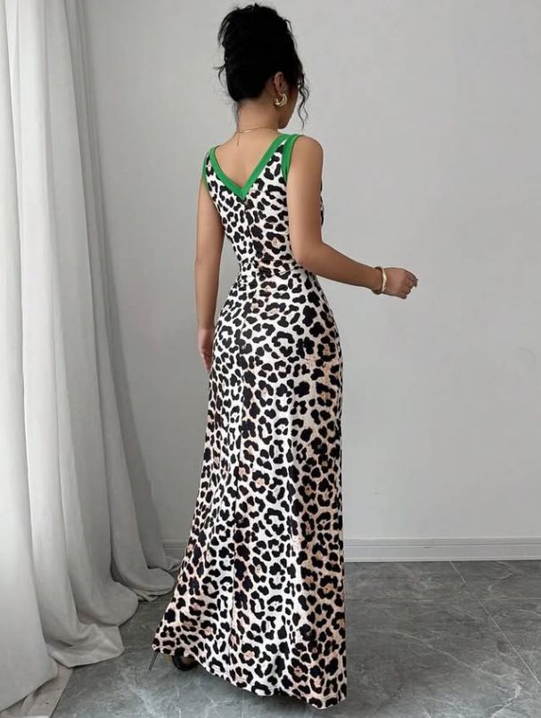 Women's Clothing Leopard Print Sleeveless V Neck Long Dress Slim Fit Sexy Fashionable Slit Hem Style Women's Dress_ecoleips.com
