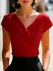 2026 European And American Temperament Elegant White V-neck Short-sleeved Slim-fitting Bag-sleeved Women's Top_ecoleips.com