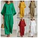 Women's Linen Blend Wide Leg Pants And Top Set, Casual Comfort Two Piece Outfit For Everyday Wear_ecoleips.com