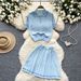 Summer New All Match Knit Sweater Two Piece Suit For Women Retro Contrast Color Short Sleeve Top High Waist Pleated Skirt_ecoleips.com