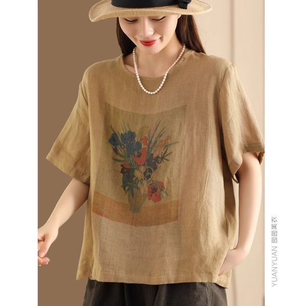 Qiqian Leisure Commuting Short-Sleeved Top A Comfortable, Artistic, And Retro-Style Round-Neck T-Shirt Made Of Cotton-_ecoleips.com