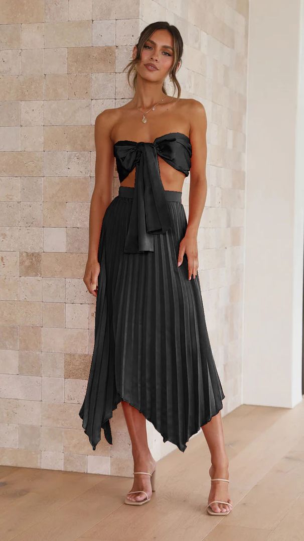 Women's Clothing Sexy variable pleated skirt set casual vacation lace-up two-piece set_ecoleips.com