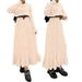 Elegant Muslim Long Sleeve Maxi Dress With Belt - High Waist Knitted Office Dress For Women - Soft Polyester Blend Stretchy Fabric - Beige_ecoleips.com