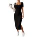 Women's Sexy French Square Neck Side Slit Knit Short Sleeve Bodycon Mini Dress – Casual Summer Gown_ecoleips.com