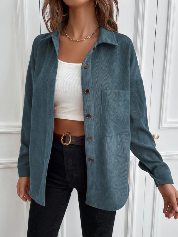 "Stylish Corduroy Long Sleeve Shirt With Button Front & Pockets – Versatile Casual Top For Women"_ecoleips.com