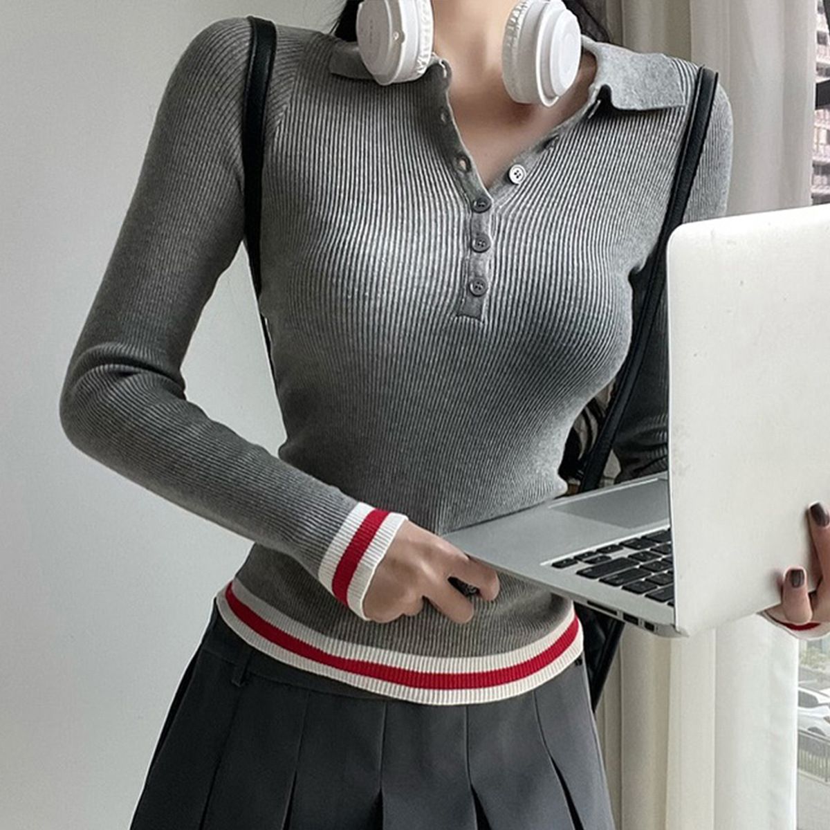 Elegant Ribbed Knit Polo Shirt – Breathable Viscose Long-Sleeve Top For Work & Casual Wear_ecoleips.com